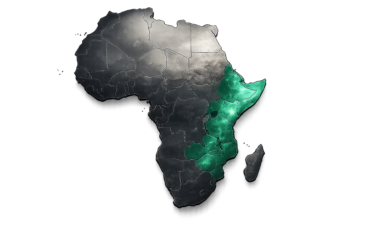 Carte métallique de l’Afrique avec l’Afrique de l’Est mise en évidence